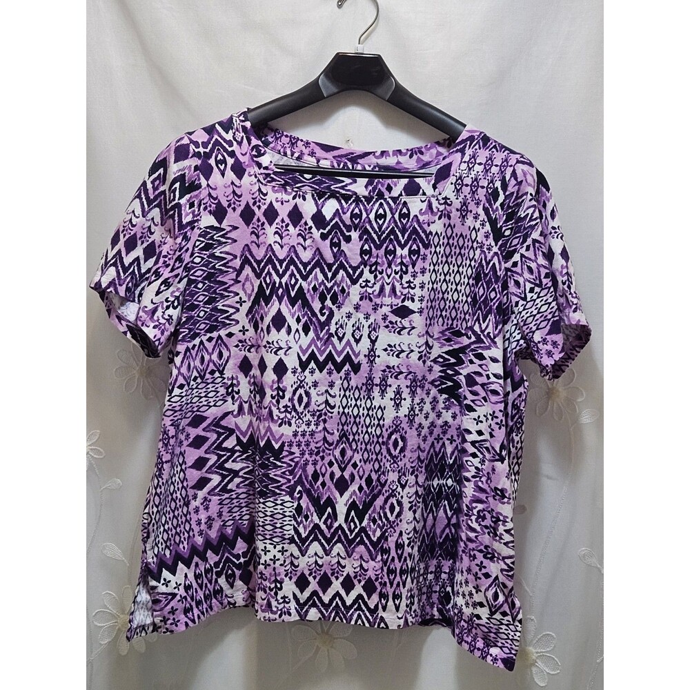 Catherines Womens Petite 1XWP Purple Top Ikat Geometric Boho Relaxed Boat Neck
